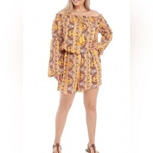 Wonderly Boho Off Shoulder Romper 0X (14/16W) Mustard Floral Tassel Tie